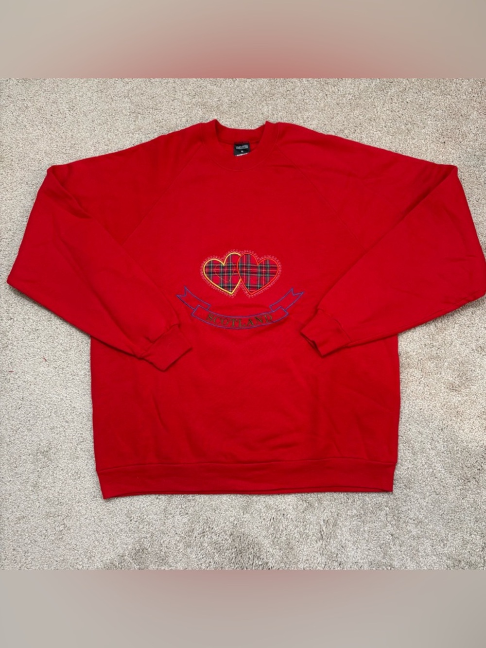 Vtg 90s Screen Stars I Love Scotland Tartan Embroidered Sweatshirt Size XL Red